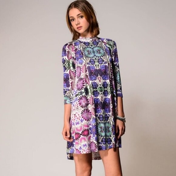 Free People New Romantics Fiesta Trapeze Mini Dress M Purple Floral Stretch - Picture 5 of 14